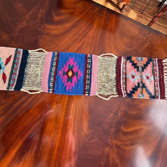 Zapotec 7 Panel Table Runner Mexican 79 "x 7"  Wool Hand Woven Folk Art Fringe - Picture 7 of 16